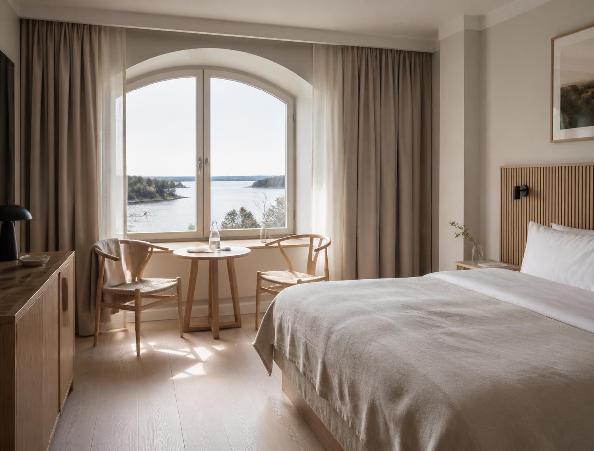 Ljust hotellrum i skandinavisk stil med linne, ekgolv och utsikt mot skärgården.