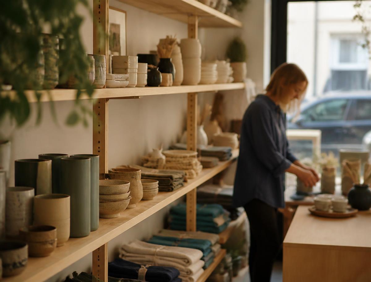 Liten skandinavisk inredningsbutik med keramik och textil på ljusa trähyllor.