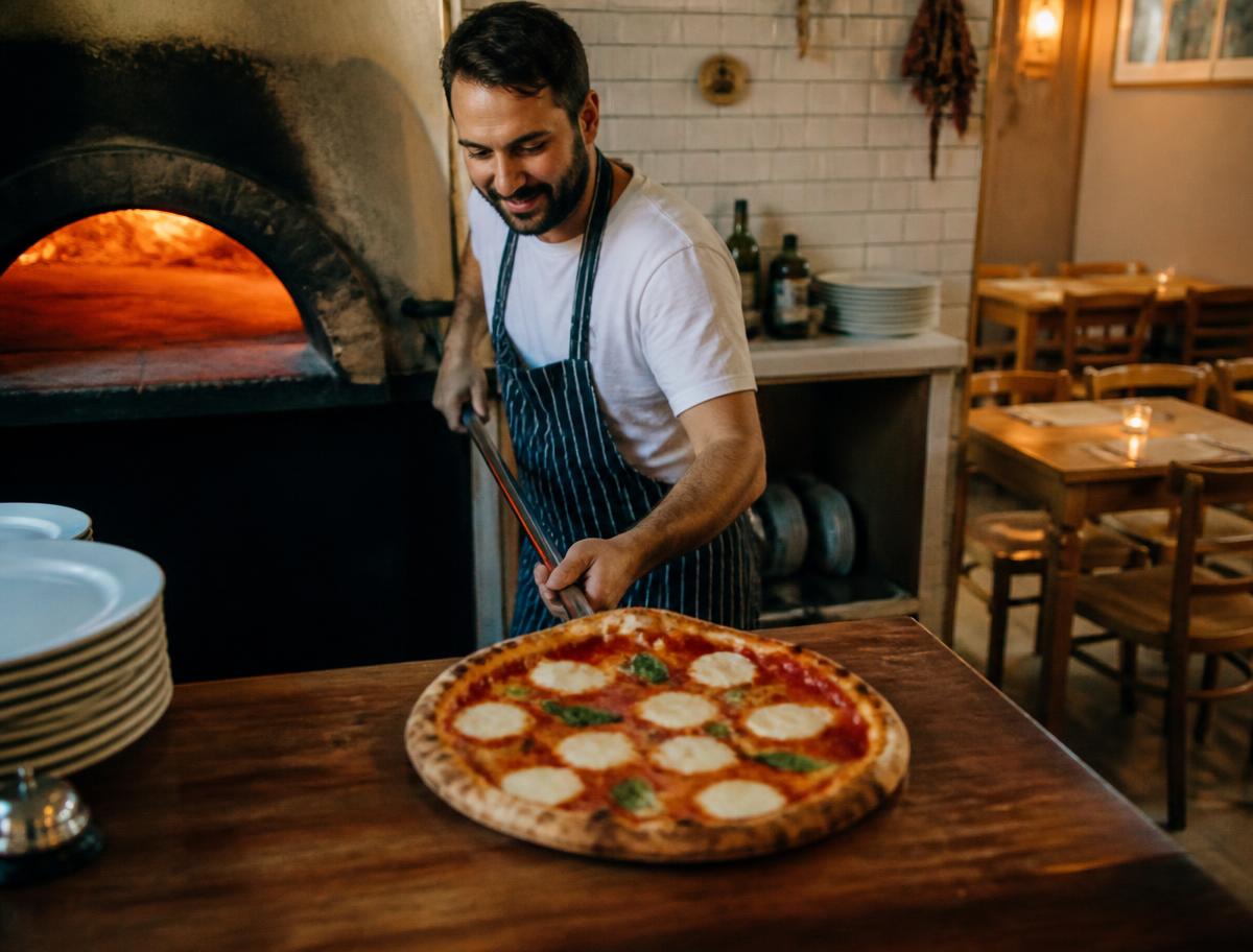 Pizzabagare som tar ut en nybakad pizza ur stenugnen i en liten lokal pizzeria.